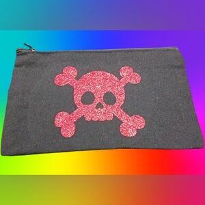 Black Small Canvas Pouch with Red Glitter Skull Design